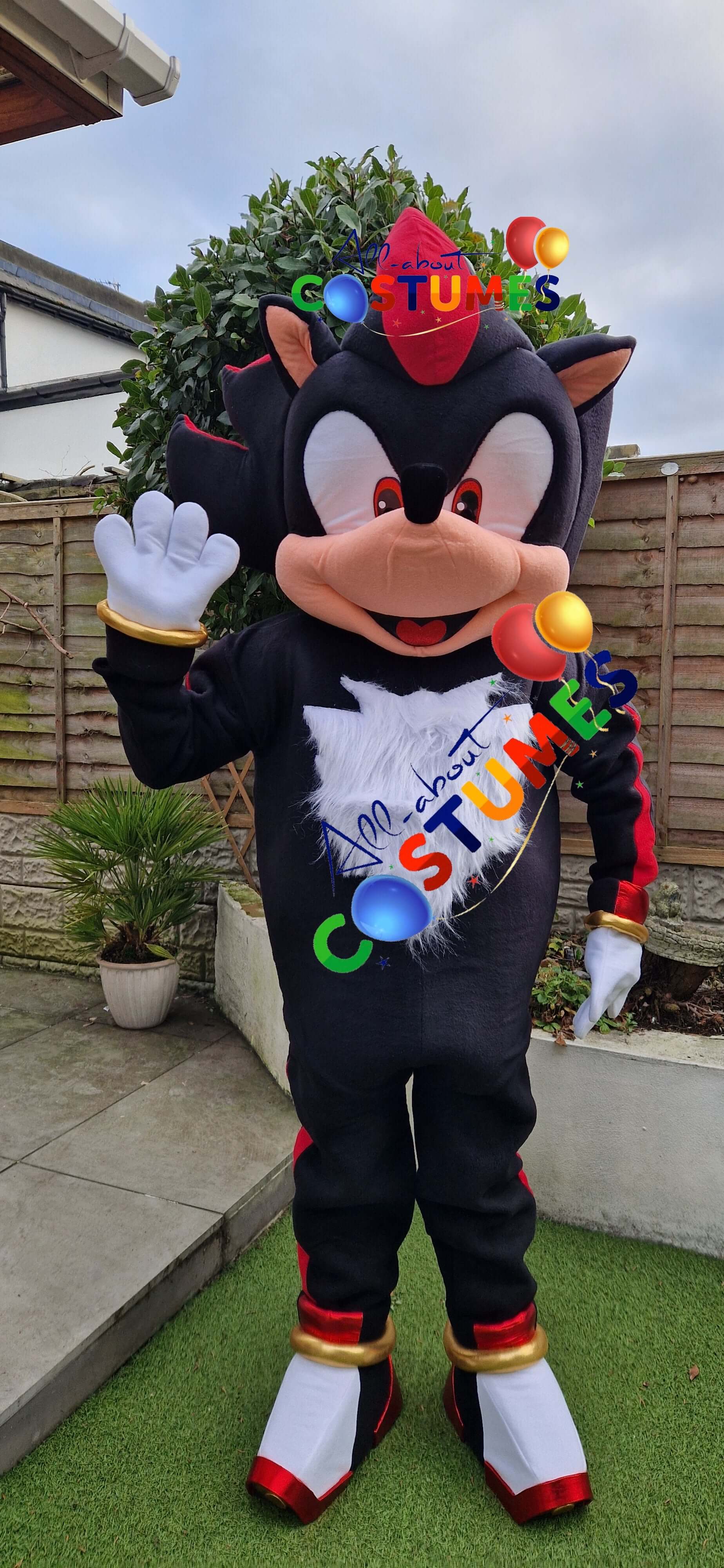 Shadow the Hedgehog costume rental, featuring a character mascot in a playful pose outdoors.